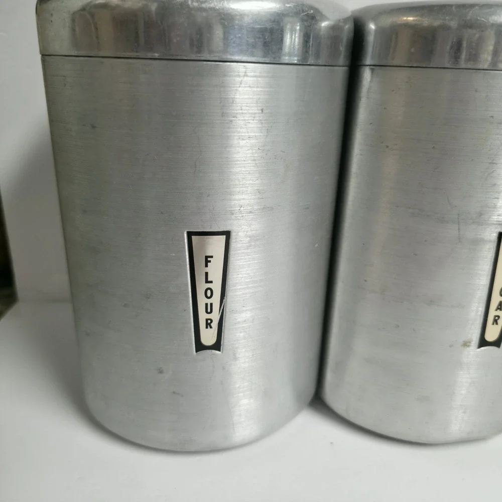 Vintage Kromex Aluminum Canister Set 4pc Flour Sugar Coffee Tea 1950s MCM Retro
